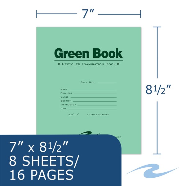 Case Of Recycled Exam Green Books, 8.5 X 7, 8 Sheets/16 Pages, Wide Ruled With Margin