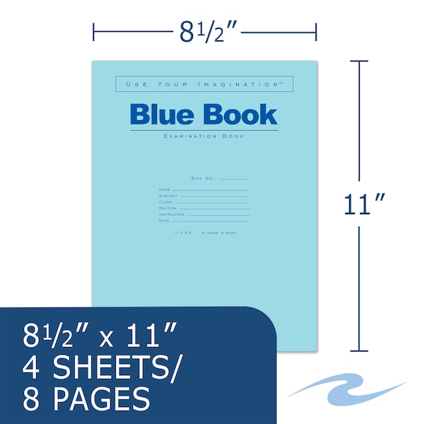 Case Of Exam Blue Books, 11 X 8.5, 4 Sheets/8 Pages, Wide Ruled With Margin