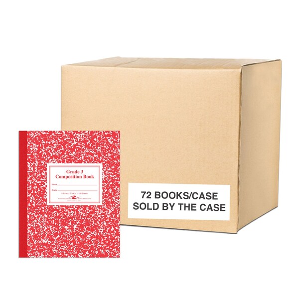 Case Of Red Marble Comp Notebooks, Grade 3 Ruled, 50 Sht, 9.75x7.75, Designed For Grade 3 Classes