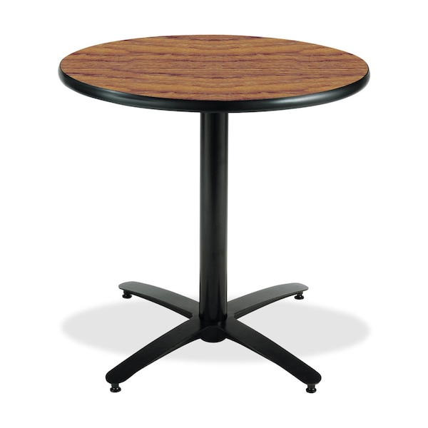 Round KFI 36in Medium Oak Breakroom Table With Arched X Base, 29 W X 36 L X 29 H, Laminate