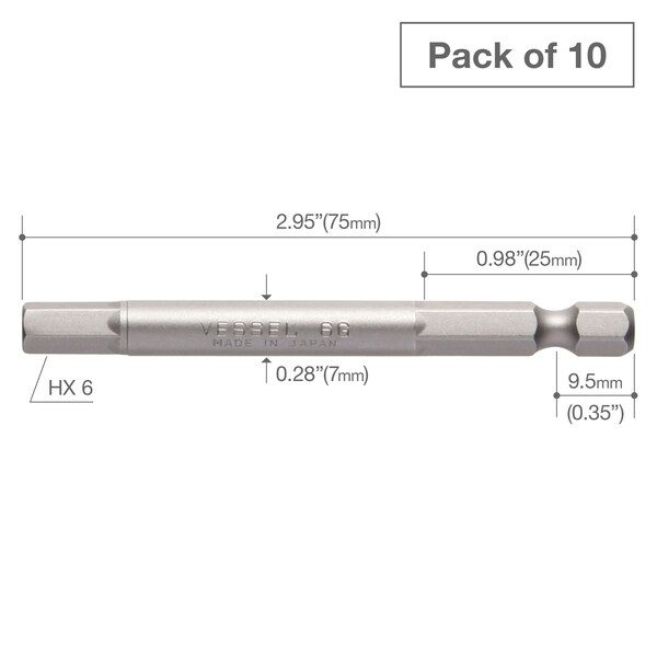 Power Bit 1/4 Hex B,H6x75G,PK10