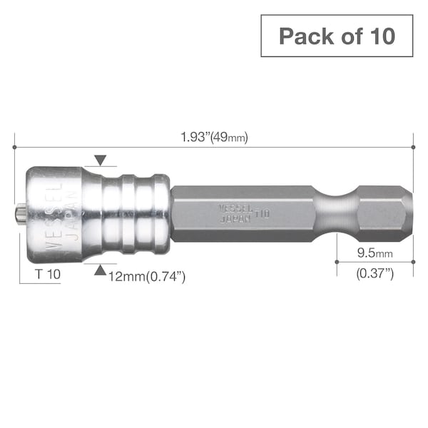 Power Bit 1/4 Hex B,T10x49H With,PK10