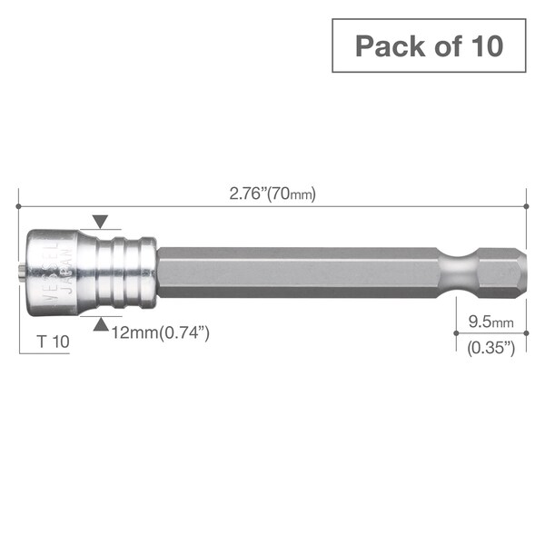 Power Bit 1/4 Hex B,T10x70H W/Scrw,PK10