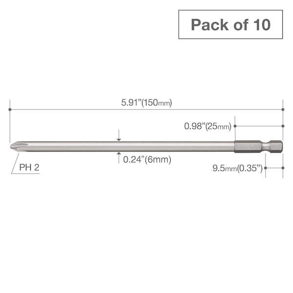 Power Bit 1/4 Hex B,+2x6x150H,PK10