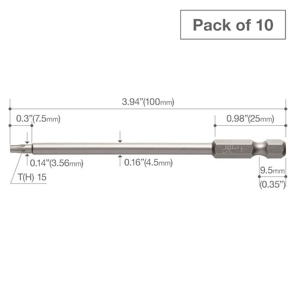 Power Bit 1/4 Hex B,T15Hx100H Ta,PK10