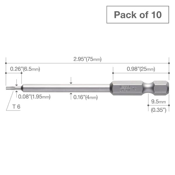 Power Bit 1/4 Hex B,T6x75H,PK10