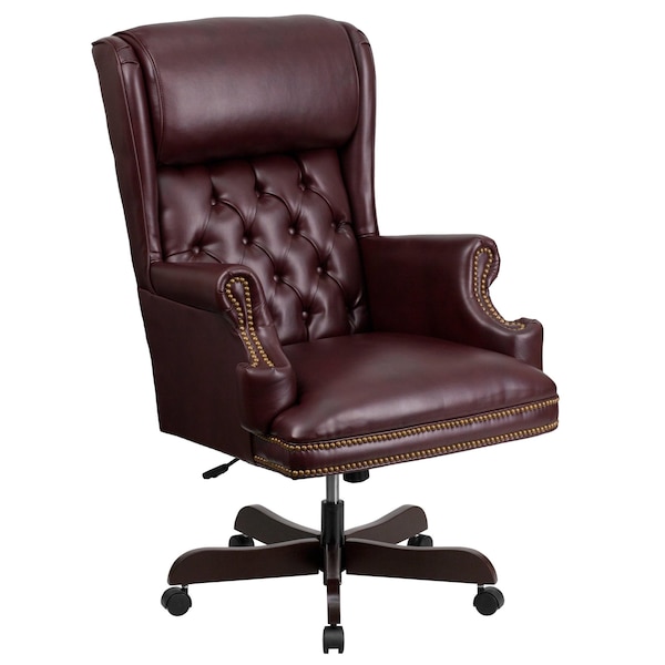 Executive Chair, Leather, 18-1/2 To 21 Height, Fixed Arms, Burgundy