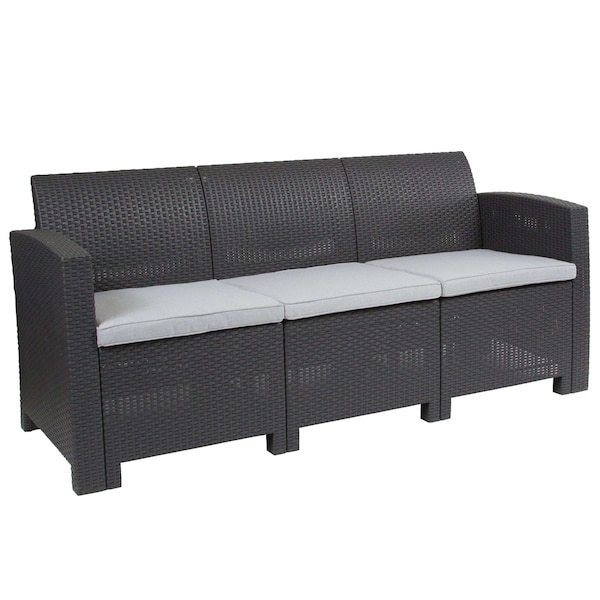 Dark Gray Rattan Sofa With All-Weather Cushions