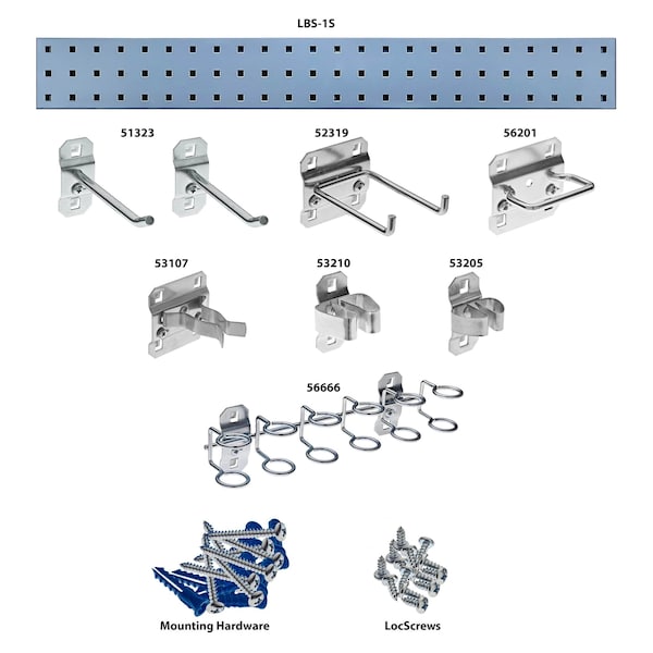 Silver Tool Pegboard Kit With (1) 36 In. X 4.5 In. 18-Gauge Steel Square Hole Pegboard 8 Pc. LocHook Assortment