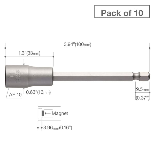 Power Bit 1/4 Hex B,A/F10x100 Pre,PK10