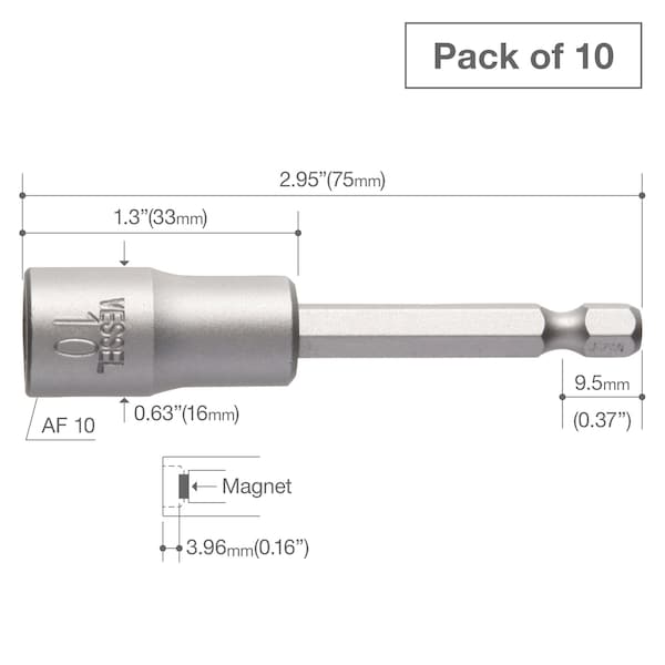 Power Bit 1/4 Hex B,A/F10x75 Pres,PK10