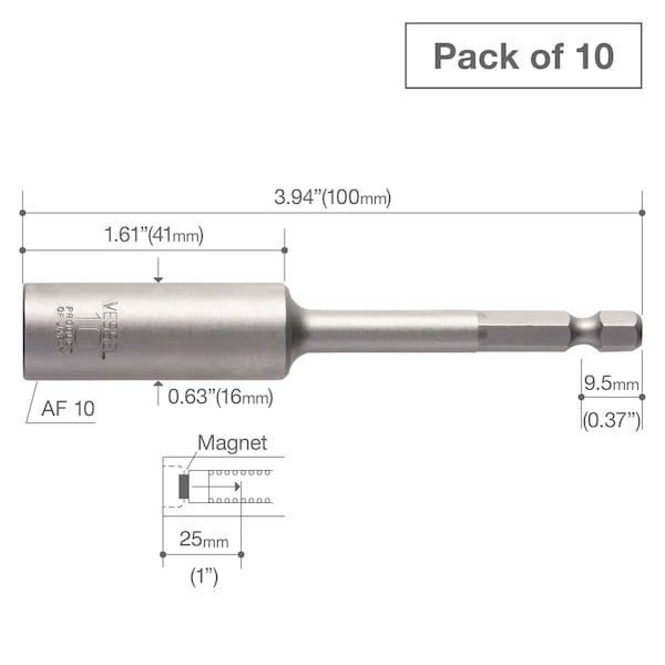 Power Bit 1/4 Hex B,A/F10x100 Sl,PK10