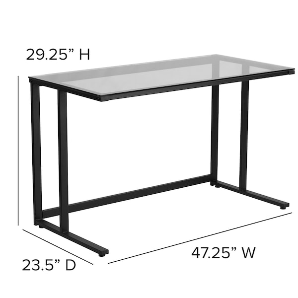 Glass Desk Glass Top Desk W/Black Pedestal Frame, 23-1/2 D X 29-1/4 H, Clear/Black, Glass