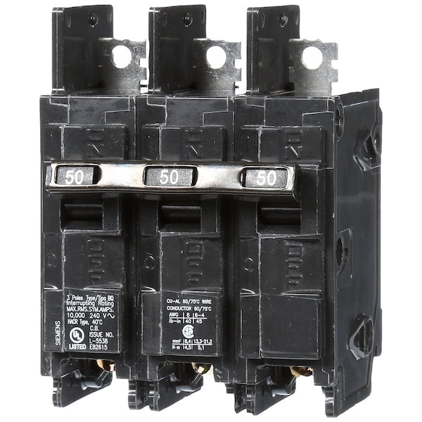 Miniature Circuit Breaker, BQ Series, 50A, 3 Pole, 240V AC, 10kA At 240V AC