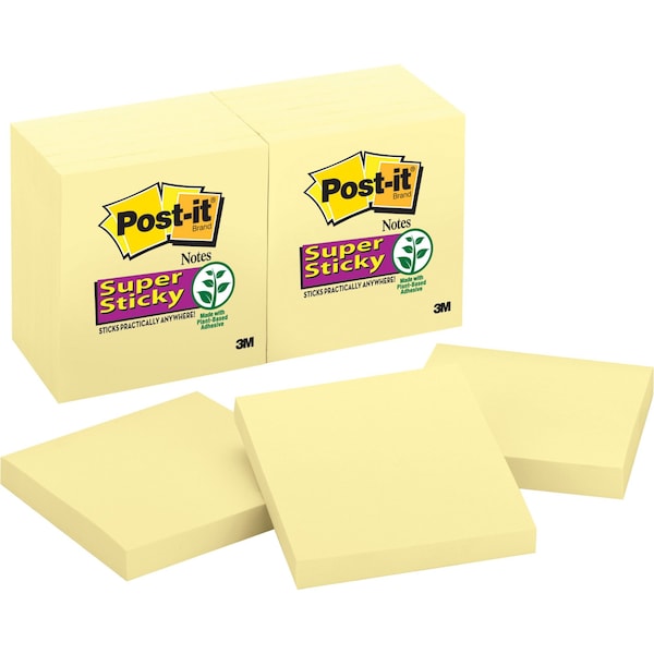 Super Sticky Notes,3x3 In.,Yellow,PK12