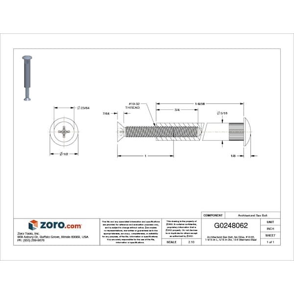 Arch Barrel, #10-32, 1 9/16 In Brl Lg, 5/16 In Brl Dia, 18-8 Stainless Steel Plain