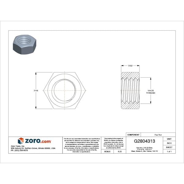 Hex Nut, 1/4-20, Steel, Grade 8, Zinc Yellow, 7/32 In Ht, 100 PK