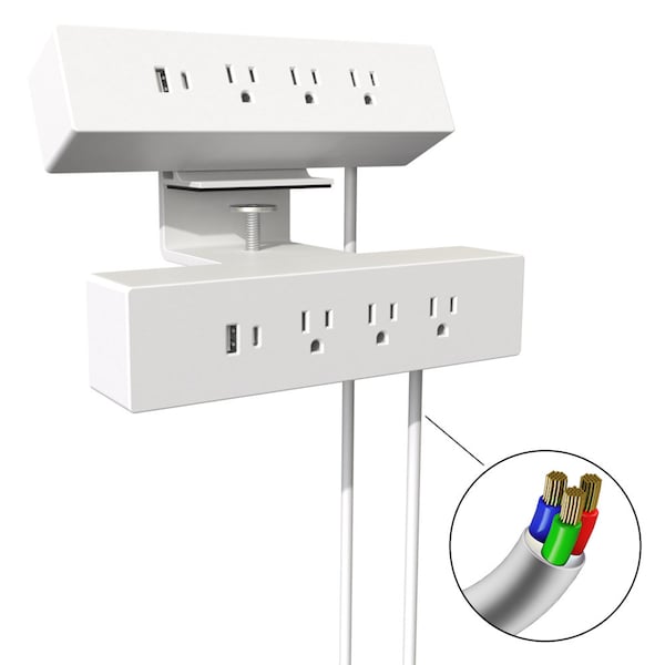 120 V Dual Clamp-On Power Bar And USB Power Station, White