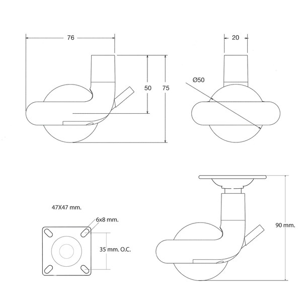 Green Series Design Caster, Swivel With Brake, With Plate, Black And Chrome