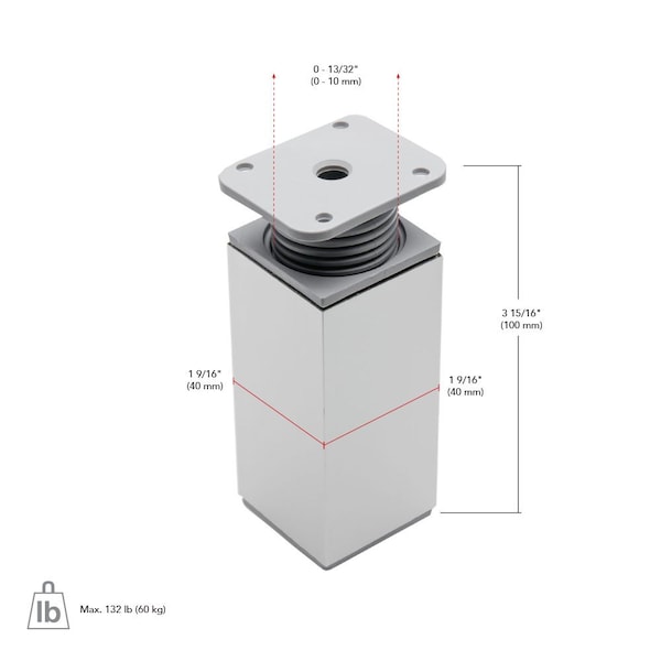 Decorative Square Adjustable ABS Leg, 3 15/16 In (100 Mm), Aluminum