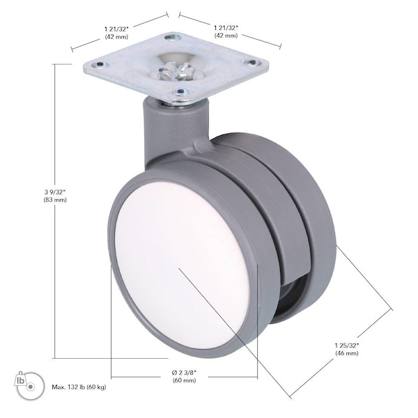 Contemporary Twin Wheel Casters, Swivel Without Brake, With Plate, White, Gray