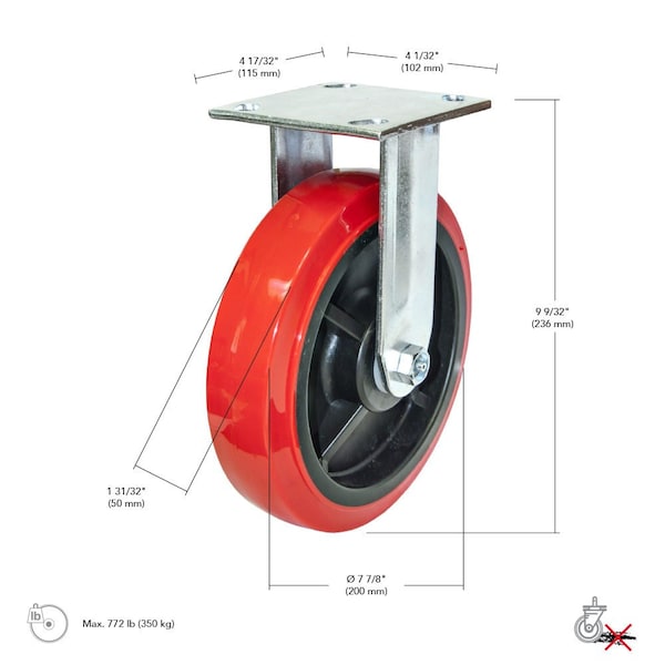 Mold‐On Polyurethane Industrial Casters, Fixed, With Plate, Red