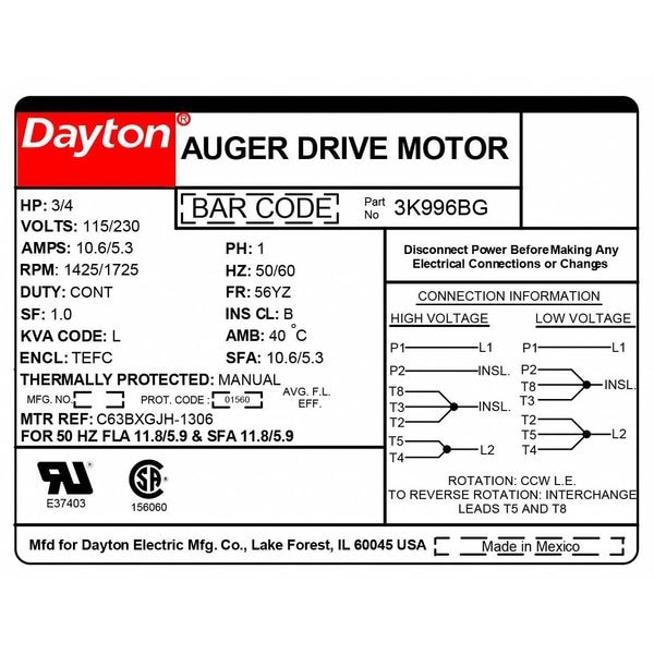 Auger Drive Motor, Capacitor-Start, 3/4 HP, 115/230V AC, 1,725 Nameplate RPM, 56YZ Frame