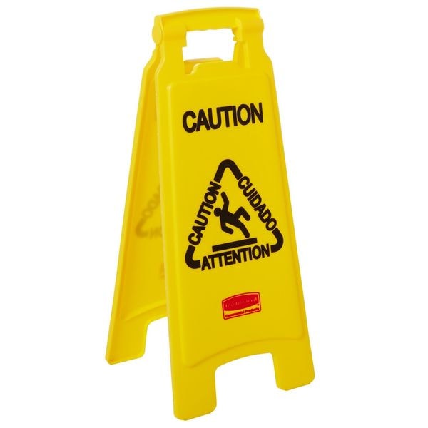 Floor Safety Sign,Caution,Eng/Sp/Fr/Grmn, 25 In H, 11 In W, HDPE, Triangle, FG611200YEL