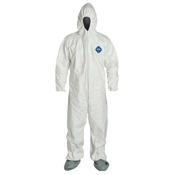 Tyvek 400 Hooded Disposable Coverall, Attached Skid-Resistant Boots, Elastic Wrist, Medium, White