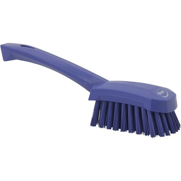 3 In W Scrub Brush, Stiff, 5 57/64 In L Handle, 4 1/2 In L Brush, Purple, Plastic, 10 In L Overall