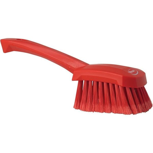 3 In W Scrub Brush, Soft, 5 57/64 In L Handle, 4 1/2 In L Brush, Red, Plastic, 10 In L Overall