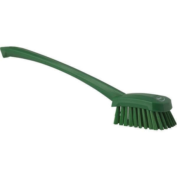 2 3/4 In W Scrub Brush, Stiff, 11 51/64 In L Handle, 4 1/2 In L Brush, Green, Plastic