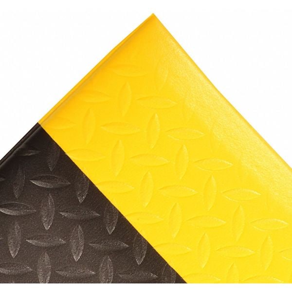 Antifatigue Runner, Black/Yellow, 28 Ft. L X 2 Ft. W, PVC Foam, Diamond Plate Surface Pattern