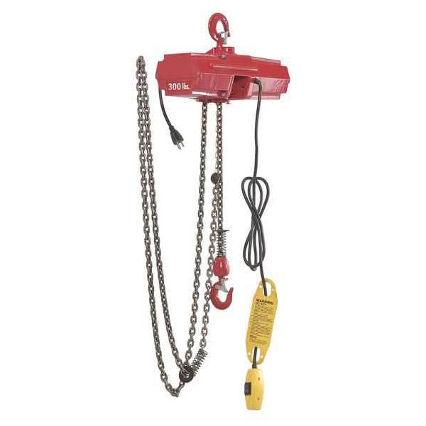 Electric Chain Hoist, 300 Lb, 10 Ft, Hook Mounted - No Trolley, Red