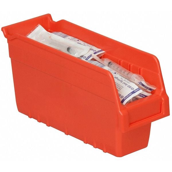 Shelf Storage Bin, Red, Plastic, 11 5/8 In L X 4 1/8 In W X 6 In H, 20 Lb Load Capacity