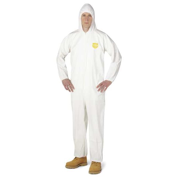 Hooded Disposable Coveralls,2XL,25 PK,White,Microporous Film Laminate,Zipper