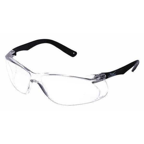 Safety Glasses, Anti-Scratch, Frameless, Wraparound, Soft End Tip, Black Arm, Clear Lens