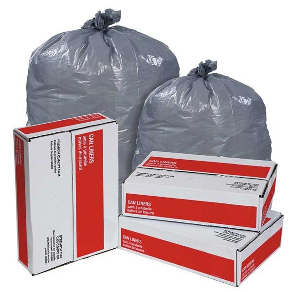 Trash Bags, 60 Gal, 38 In W, 58 In H, 1.1 Mil Thick, Extra Heavy, Gray, 100 Pack