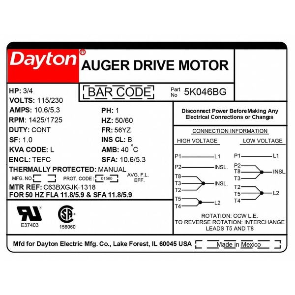 Auger Drive Motor, Capacitor-Start, 3/4 HP, 115/230V AC, 1,725 Nameplate RPM, 56YZ Frame