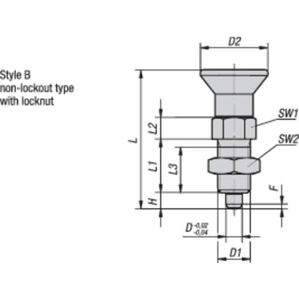 Indexing Plunger D1= M12X1,5, D=6, Style B, Non-Lockout W Locknut, Stainless Steel Not Hardened