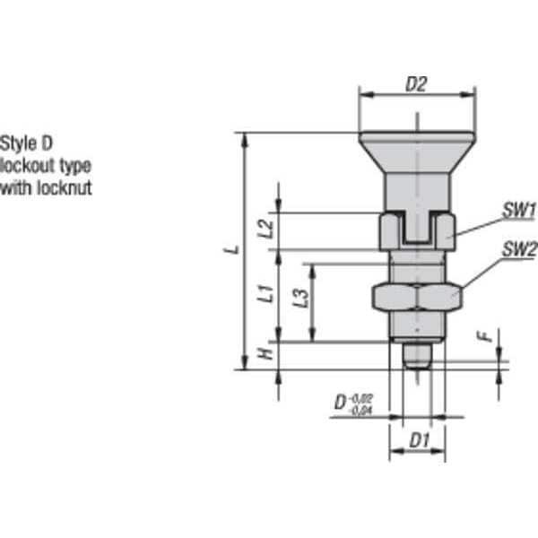 Indexing Plunger D1= 3/8-24, D=5, Style D, Lockout Type W Locknut, Steel Hardened, Knob Plastic