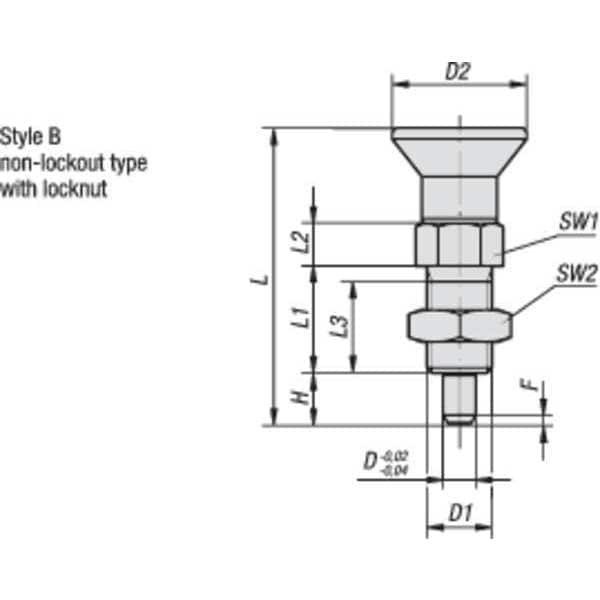 Indexing Plunger, Size: 2, D1= M12X1.5, D=6, Style B, Non-Lockout W. Locknut, SS Not Hardened