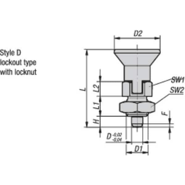 Indexing Plunger, Short, Size: 1, D1= M10X1, D=5, Style D, Lockout Type W. Locknut, Pin Hardened