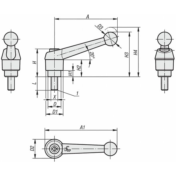 Adjustable Handle, Size: 5 M16X60 Zinc, Silver Metallic, Comp: Stainless Steel