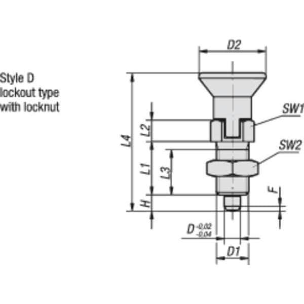 Indexing Plunger, All SS, Size: 9 D1= M06X0,75, D=3, Style D Lockout Type W Locknut, Pin Hard