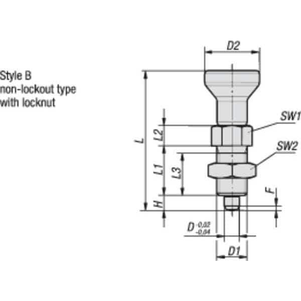 Indexing Plunger, All SS, Size: 0 D1= 5/16-24, D=4, Style B Non-Lockout W Locknut, Pin Hard