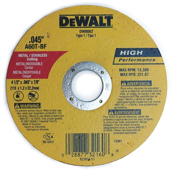 Abrasive Cut-Off Wheel,Type 1, 4 1/2 In X 0.045 In X 7/8 In, Aluminum Oxide, 60 Grit, A60T