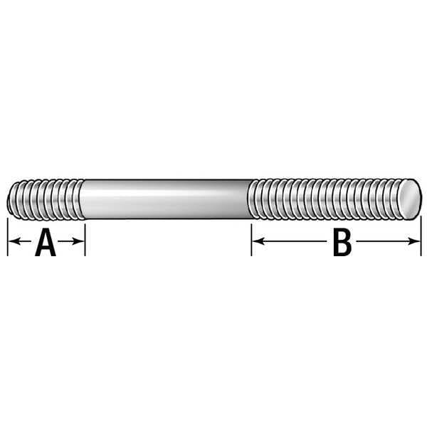Double-End Threaded Stud, 7/8-9 Thread To 7/8-9 Thread, 6 In, Steel, Black Oxide, 2 PK