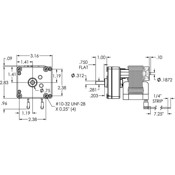 AC Gearmotor, 25.0 In-lb Max. Torque, 6.6 RPM Nameplate RPM, 115V AC Voltage, 1 Phase