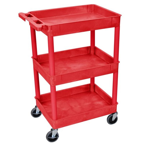 Utility Cart With Deep Lipped Plastic Shelves, Flat, 3 Shelves, 300 Lb